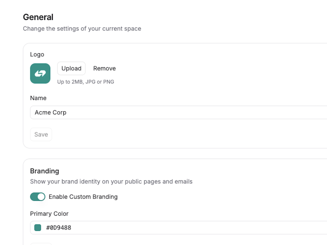 Branding settings panel